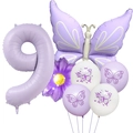 Detail view of purple party balloon set featuring number 9, butterfly, and daisy shapes - Matte Purple Butterfly Set 9
