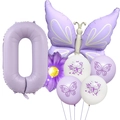 Detail of purple butterfly foil balloon set with number zero and daisy latex decorations - Matte Purple Butterfly Set 0
