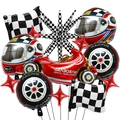 Racewagen ballonset met rode raceauto, banden en zwart-wit geblokte sterrenballonnen - Racesport Thema Balloncollectie