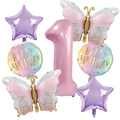 Detail of pink number one and butterfly foil balloons set for 1st birthday party decor - Number 1 Set