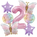 Close-up of pink number 2 foil balloon with butterfly and star set for 2nd birthday - Number 2 Set