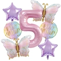 7-piece butterfly balloon set with pink number 5 and stars for birthday party decor - Number 5 Set