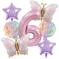 Detailed set of butterfly and pink number 6 foil balloons for 6th birthday decorations - Number 6 Set