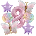 Close-up of birthday balloon set with pink number 8 and colorful butterfly foil balloons - Number 8 Set