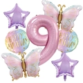 7-piece birthday decor set with pink number 9, butterfly and star foil balloons - Number 9 Set
