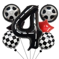 Rennwagen-Folienballon-Set mit Zahl Vier, Reifen und Zielflaggen für die Partydekoration - Nummer 4 Set