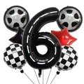 Racing theme party set with black number 6 balloon, checkered flags and tire foil balloons - Racing Theme Number 6 Set / 7 Pieces