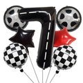 Detail of racing theme balloon set featuring race track number 7 and checkered foil balloons - Racing Theme Number 7 Set / 7 Pieces