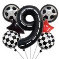 Racing theme balloon set with number 9 road pattern and checkered tire foil balloons - Racing Theme Number 9 Set / 7 Pieces