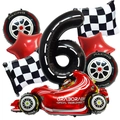 Racing party set with number 6 checkered balloon, race car, tire and star foil balloons - Number 6 Style (Racing Flag Set 6)