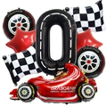 Racing themed party kit with red race car, number 0, and checkered flag foil balloons - Number 0 Style (Racing Flag Set 0)