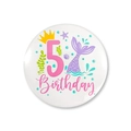Detailed close-up of mermaid theme 5th birthday badge with glitter tail and crown - 5th Birthday Style