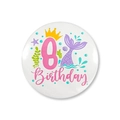 Detailed close-up of mermaid themed tinplate badge featuring crown and number 8 for party - 8th Birthday Style