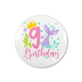 Detail of mermaid theme 9th birthday badge with pink number nine and crown for party decoration - 9th Birthday Style