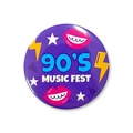 Detail eines runden 90er-Jahre-Musikfest-Zinnabzeichens mit lebendigen Pop-Art-Grafiken - Musikfest Muster (90s Modell 2)