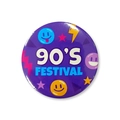 Nahaufnahme von 58mm Weißblech-Badge mit lila 90er Festival Retro-Radio-Design - Festival Smiley Muster (90s Modell 4)