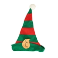 Striped red and green Christmas elf hat with plush white pompom and brown cloth ears - Non-Woven Elf Hat (B3-a)