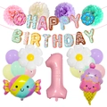 Detail of macaron pastel birthday party set with balloons, flags and flower balls - Number 1 (Age 1) Collection