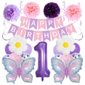 Set decorazioni 1° compleanno rosa e viola con palloncini a farfalla e striscione - Set Farfalla Rosa Viola 1 Anno