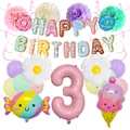 Detail of 3rd birthday donut party kit with macaron balloons and floral decor - Number 3 (Age 3) Collection