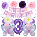 Set decorazioni 3° compleanno con palloncini a farfalla rosa viola e banner di auguri - Set Farfalla Rosa Viola 3 Anni