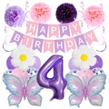 Set decorazioni 4° compleanno rosa e viola con palloncini a farfalla e fiori - Set Farfalla Rosa Viola 4 Anni