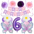 Dettaglio set decorazioni 6° compleanno rosa e viola con palloncini a forma di farfalla - Set Farfalla Rosa Viola 6 Anni