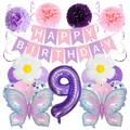 Dettagli del set di compleanno rosa e viola con palloncini a farfalla e fiori di carta - Set Farfalla Rosa Viola 9 Anni