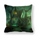 Square Halloween peach skin pillowcase featuring a spooky haunted house illustration - Crooked Glowing Cabin Style (10)