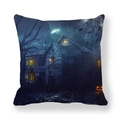 Halloween throw pillow cover featuring haunted house bats and pumpkins on navy fabric - Full Moon Dead Tree Pumpkin Style (11)