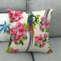 Linen square pillowcase with watercolor bird and pink flower pattern on grey sofa - Long-tailed Pheasant and Pink Azaleas (14)