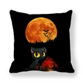 Detail of Halloween cat pillow case featuring black cat and bats against a full moon - Bats and Forest Black Cat (Style 9) / 18x18 Inch