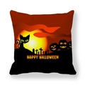 Detail of Halloween pillowcase with black cat pumpkin lantern and full moon design - Green-eyed Cat in Cemetery (Style 12) / 18x18 Inch