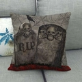 Linen Halloween skull cushion cover with tombstone and raven print on a sofa - Skull Gravestone with RIP Sign Style