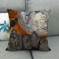 Detail of linen cushion cover featuring a gothic cemetery scene with skulls and crows - 18x18 Inch / Halloween Moonlight Skull and Bats Style (6)
