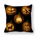 Close-up of Halloween pumpkin patterns on black microfiber peach skin throw pillow cover - Black Background Carved Pumpkins Style (17)