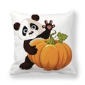 Close-up of peach skin fabric pillowcase with cute panda holding pumpkin print - Panda Holding Pumpkin Style (10)