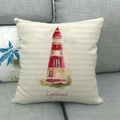 Square linen pillow cover with blue stripes and red lighthouse design for sofa decor - 18x18 Inch / Striped Lighthouse (Lighthouse)