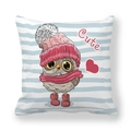 Detail of cartoon owl print on striped peach skin pillowcase with cute winter accessories - Striped Owl Style (7)