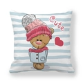 Close-up of peach skin fabric cushion cover with a cute cartoon bear in blue stripes - Striped Bear Style (8)