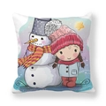 Detail of Christmas pillow cover with cute girl and snowman cartoon illustration print - Girl and Snowman Style (9)