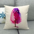 Linen cushion cover with watercolor purple tree and bird print on grey fabric sofa - Rose Purple Watercolor Tree (14)
