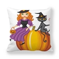 Halloween Kissenbezug mit Cartoon Hexe und schwarzer Katze auf Pfirsichhautgewebe - Hexe und Katze Stil (4)