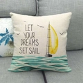 Linen cushion cover with sailboat print and 'LET YOUR DREAMS SET SAIL' text on grey sofa - 18x18 Inch / Yellow Sailboat Sailing (Dreams)