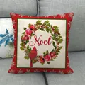 Dettaglio del copricuscino in lino con uccello cardinale e stampa della corona Noel - 45x45 cm / Stile 5 (Ghirlanda di Rose Noel)