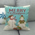 Christmas snowman pillow cover in teal with Merry Christmas text on linen fabric - Two Snowmen Blue Green Background Style