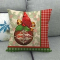 Close-up of linen Christmas pillow cover with cardinal bird and holly berry patterns - 45x45cm / Cardinal with Holly Berries (5)