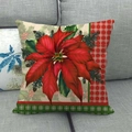 Detailed close-up of a Christmas poinsettia print on a textured linen pillowcase on a sofa - 45x45cm / Red Poinsettia Flower (11)