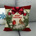 Close-up of linen Christmas pillowcase featuring red cardinals and a green wreath - Cardinal Wreath (5)