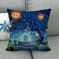 Halloween blue forest linen pillowcase with glowing pumpkin lanterns on a modern gray sofa - Glowing Pumpkins in Dark Forest Style (6)